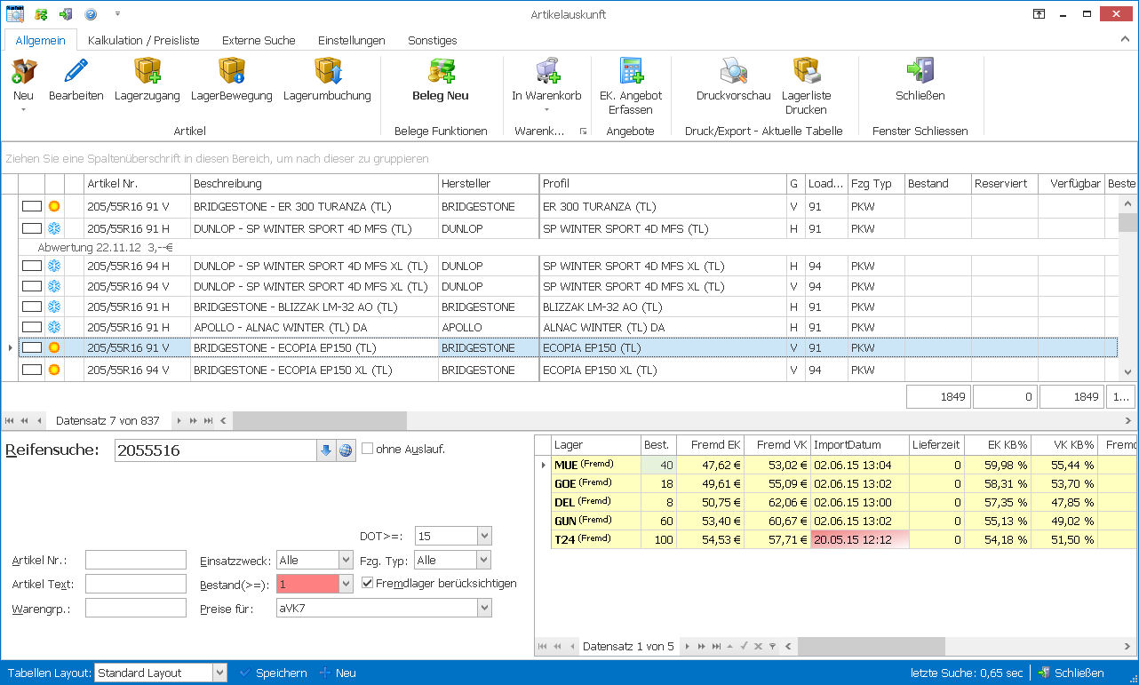 Artikelauskunft der PlusFakt Software für den Reifenhandel