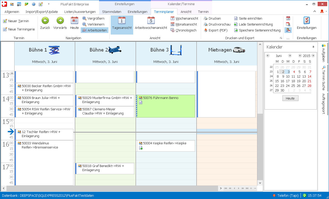 Bühnenverwaltung und Terminplaner der PlusFakt Software für den Reifenhandel und KFZ Handel
