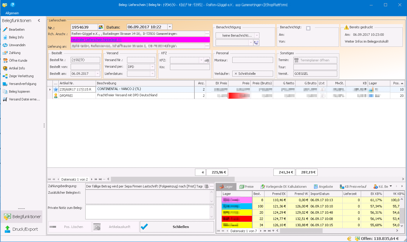 Goeggel Lieferschein Schnittstelle PlusFakt Reifenhandel Software