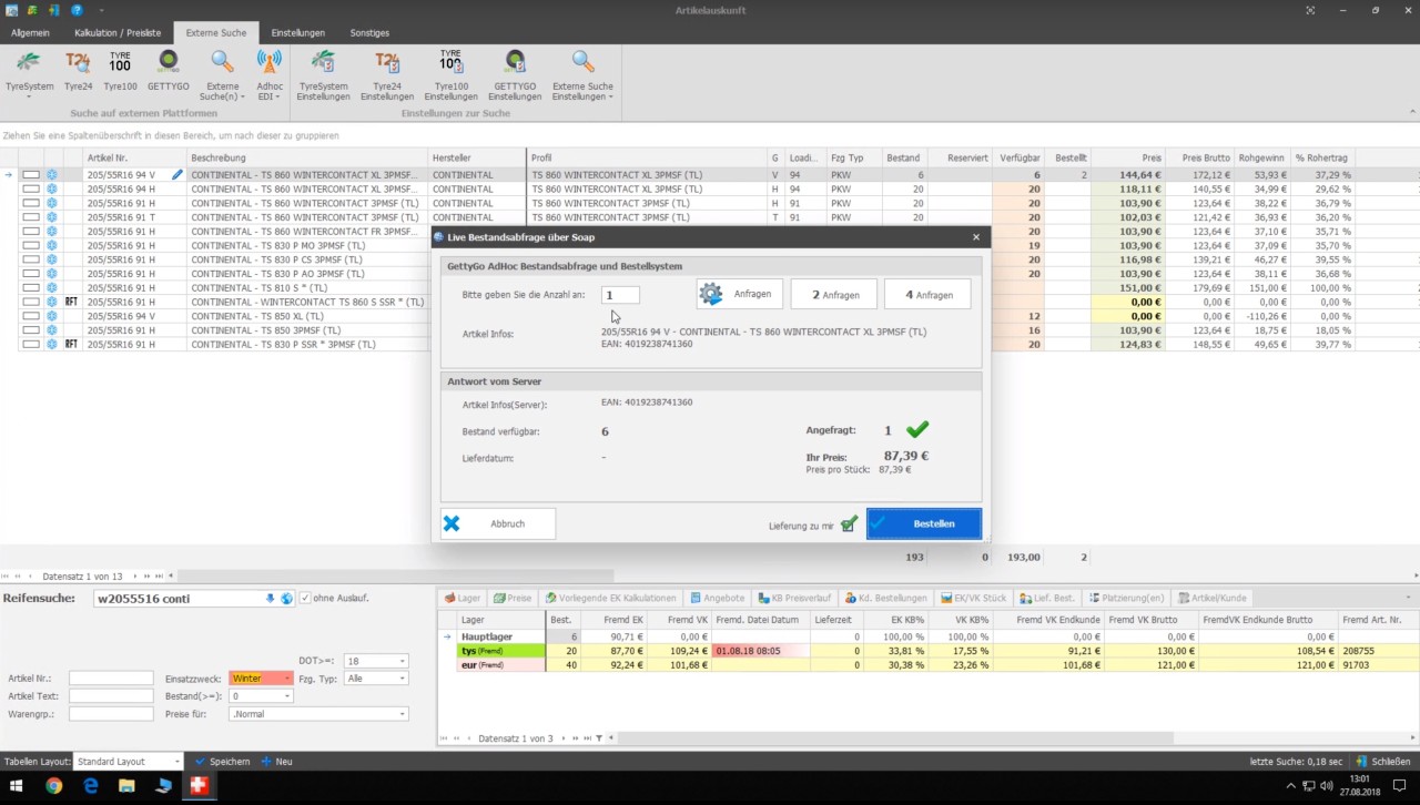 plusfakt enterprise gettygo bestandsabfrage und bestellung bestellfenster