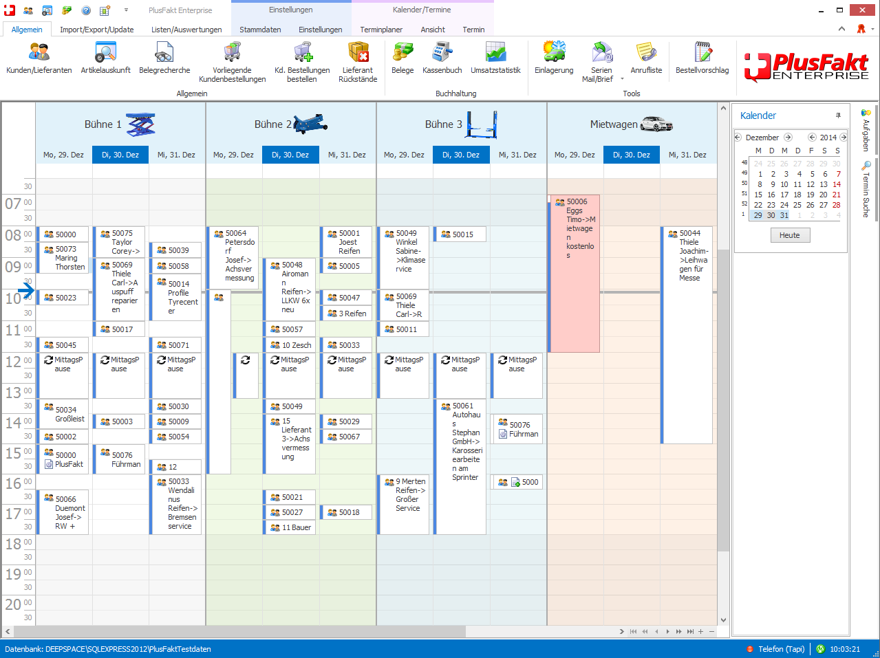 Terminkalender im PlusFakt ERP System für den Reifenhandel