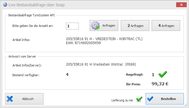 Tyresystem Live (Adhoc) Bestandsabfrage und Bestellung